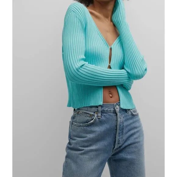 $435 Recto Women's Green Two-Way Ribbed Cardigan Sweater Size Medium